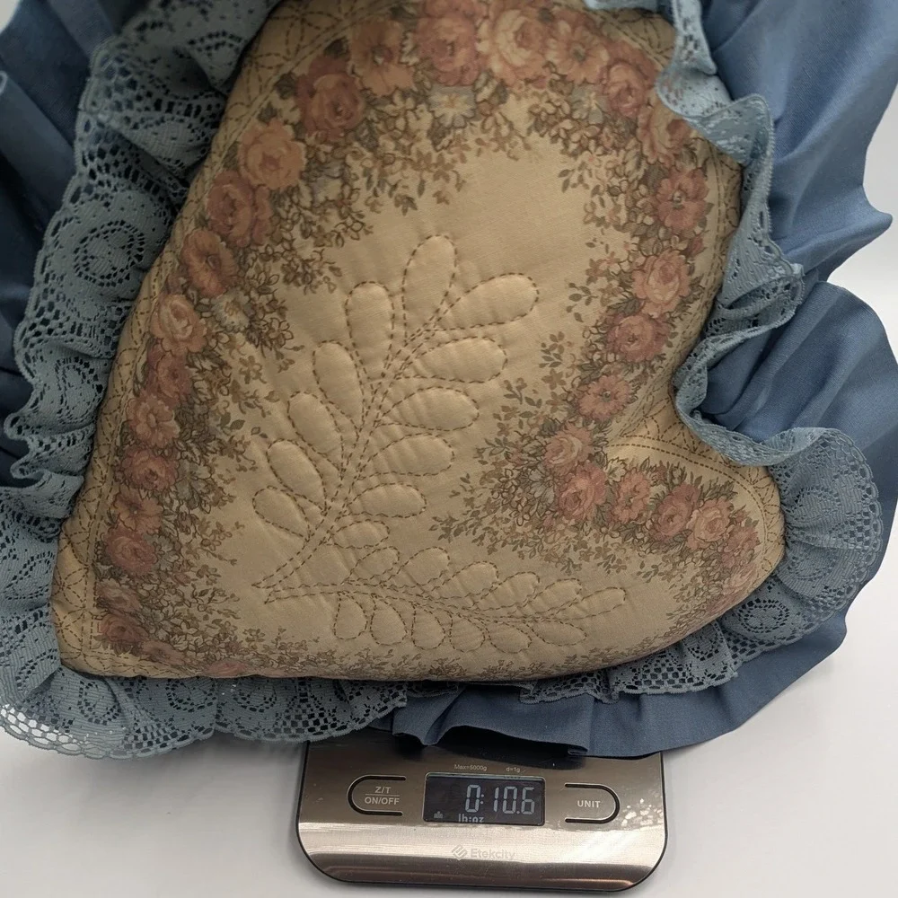 Vintage Cottagecore Heart Throw Pillow Blue Floral Quilted Lace Ruffle 15in 90s
